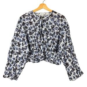 Rodebjer Cecilie Violet Ditsy Floral Knot Front Cropped Blouse Blue Large